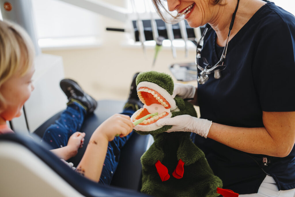 Kind putzt in der Zahnarztpraxis in Borsdorf bei Leipzig einem Plüschkrokodil mit Gebissmodell spielerisch die Zähne